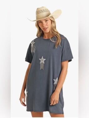 Rock & Roll Blue-Denim Rhinestone Star T-Shirt Dress Size Small